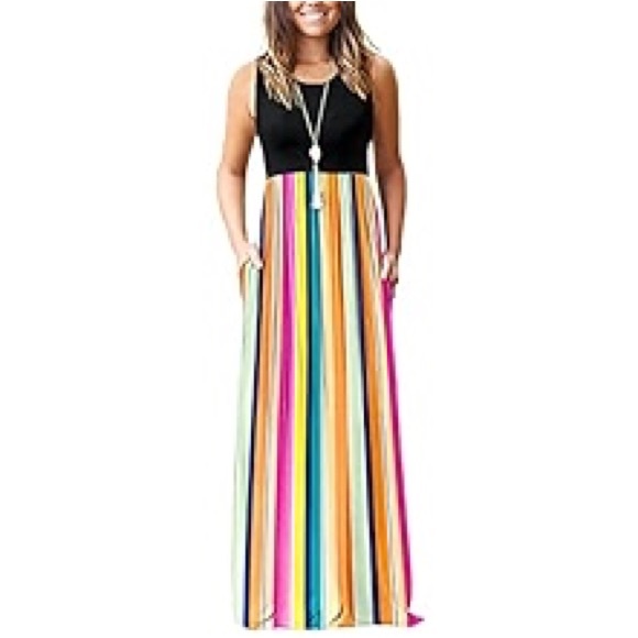 Dresses & Skirts - Striped Colorful Jersey Summer Maxi Dress W/ Pockets Size XL